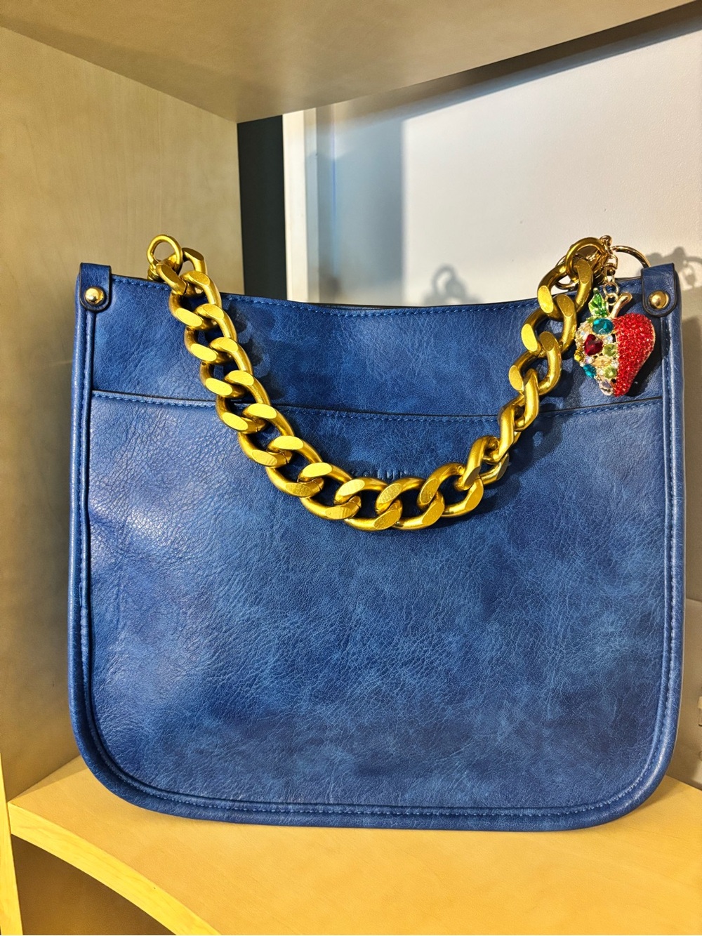 Blue Leather like-Texture Shoulder Bag with Gold Chain and guitar strap